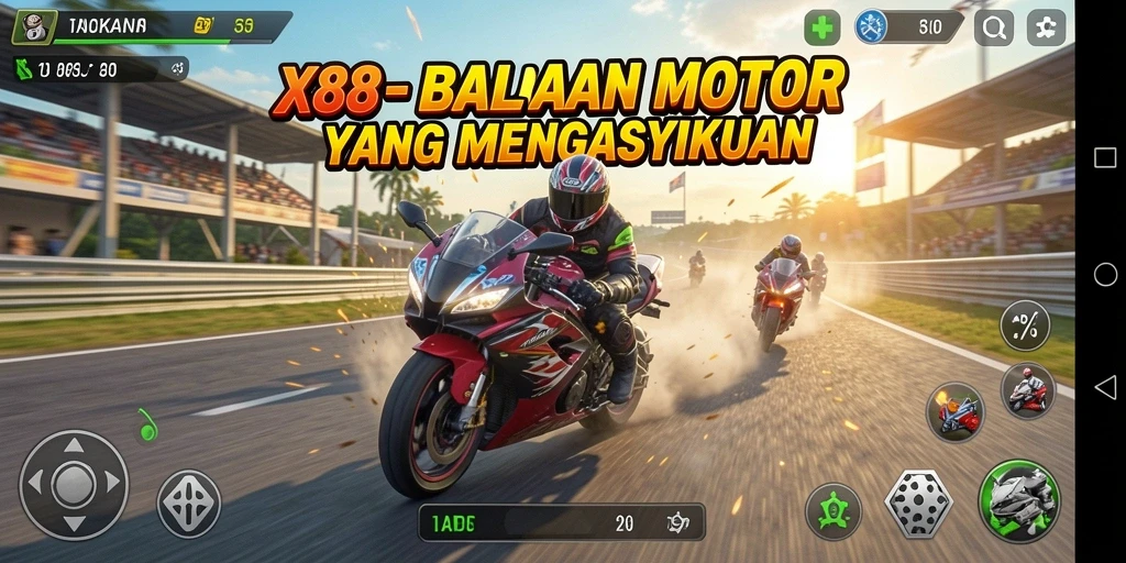 Screenshot gameplay X88 yang menunjukkan aksi balapan motor yang seru.